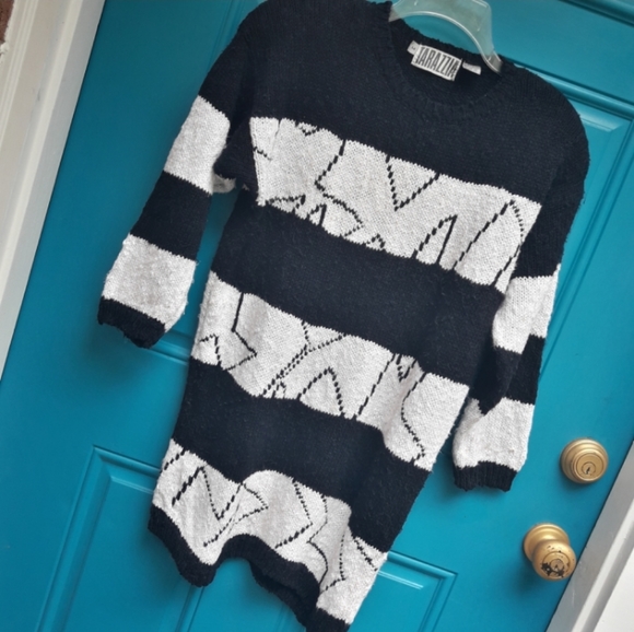 Vintage Chunky Knit Sweater Black and White Linen Cotton Sweater Sz ML - Picture 1 of 7